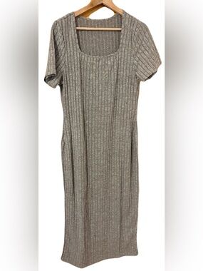 SHEIN Ribbed Square Neck Short Sleeve Maxi Dress in Taupe
